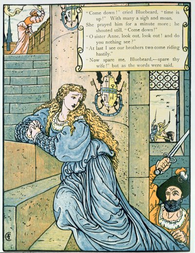 "Ó, Anne nővér, nem látod", Charles Perrault (1628-1703) illusztrációja a "Kékszakállúhoz" (színes metszet). alkotó: Walter Crane